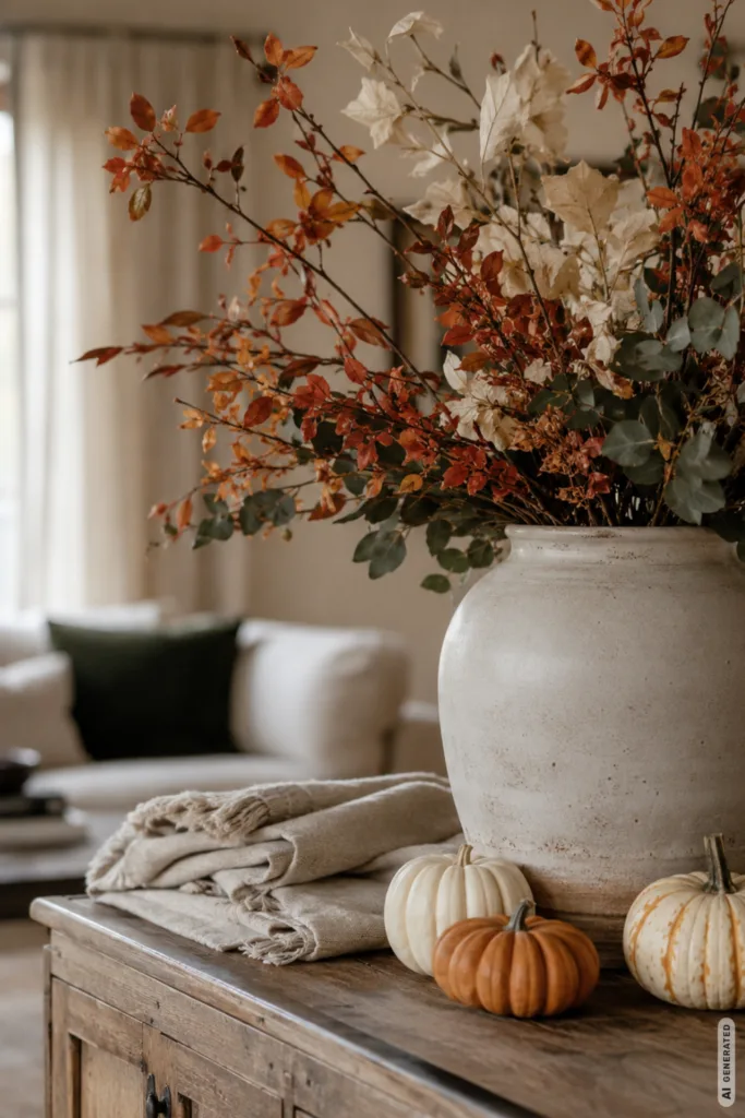 Mit diesen 5 Deko-Ideen bekommt deine Hausparty echtes Herbstgefühl Herbstdeko für deine Hausparty mit Kürbissen, Vase und warmen Farben auf einem Sideboard im Wohnzimmer.