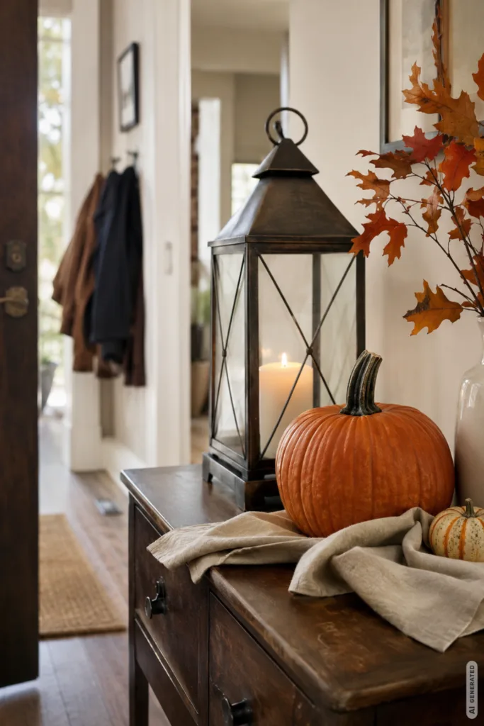 Mit diesen 5 Deko-Ideen bekommt deine Hausparty echtes Herbstgefühl Herbstdeko für deine Hausparty im Eingangsbereich mit Kürbis, Laterne und Vase auf einer Holzkommode.