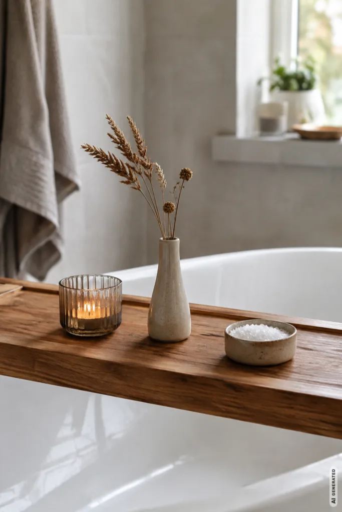 Herbstdeko für die Badewanne – 5 Ideen für gemütliche Stunden Herbstdeko für die Badewanne mit Holztablett, Kerze, Vase und Badesalz im hellen Badezimmer.