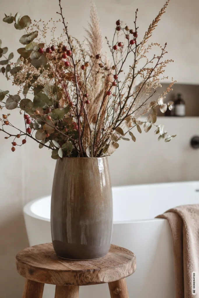 Herbstdeko für die Badewanne – 5 Ideen für gemütliche Stunden Herbstdeko für die Badewanne mit Vase, getrockneten Zweigen, Eukalyptus und Holzhocker im warmen Badezimmer.