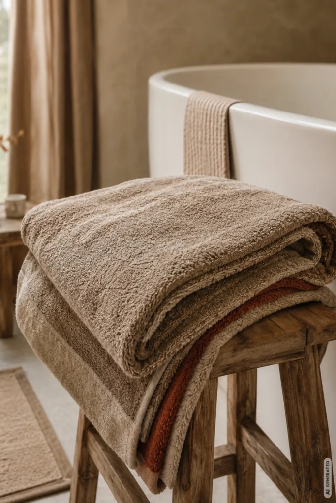 Herbstdeko für die Badewanne – 5 Ideen für gemütliche Stunden Herbstdeko für die Badewanne mit warmen Handtüchern auf Holzhocker neben freistehender Wanne im gemütlichen Bad.