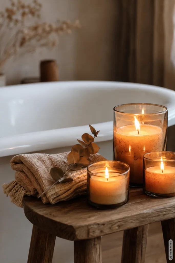 Herbstdeko für die Badewanne – 5 Ideen für gemütliche Stunden Herbstdeko für die Badewanne mit Kerzen, Holzstuhl, Handtuch und warmem Licht im herbstlich dekorierten Bad.