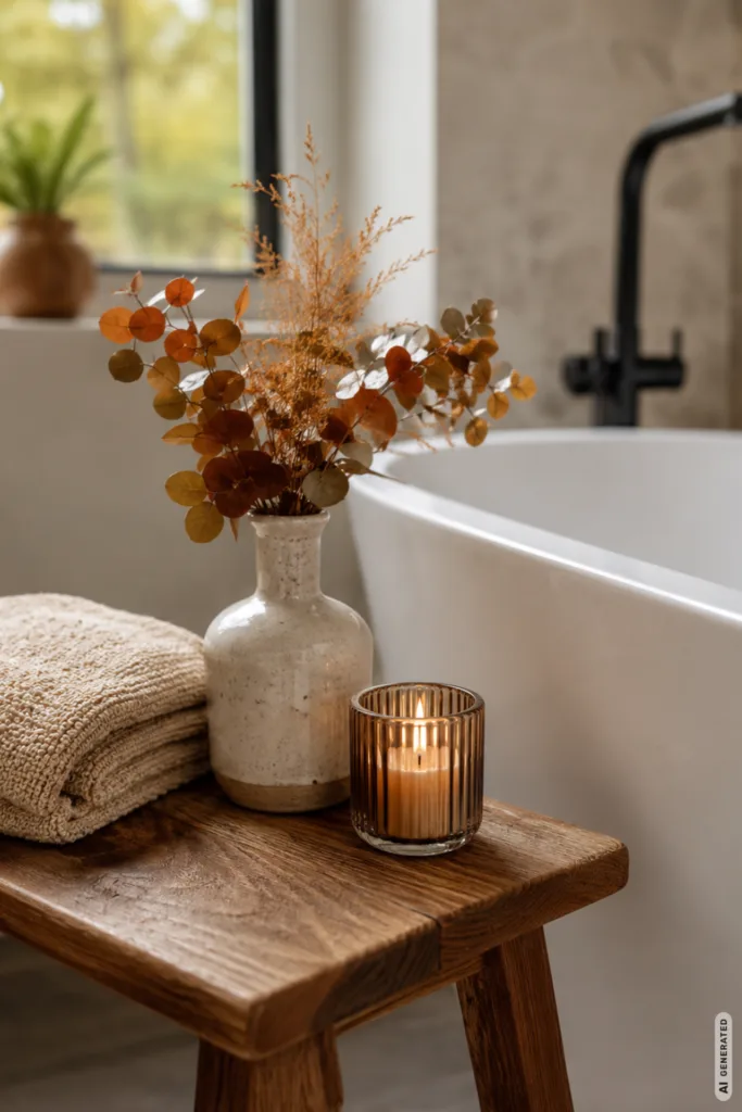 Herbstdeko für die Badewanne – 5 Ideen für gemütliche Stunden Herbstdeko für die Badewanne mit Holzstuhl, Vase, Kerze und Handtuch neben der Wanne.