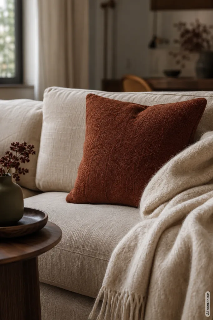 Herbstdeko Trends für die Wohnung 2026 mit Rostbraun, Creme und warmen Naturtönen im Wohnzimmer.