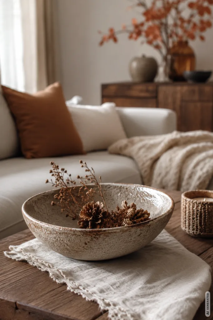 Herbstdeko Trends für die Wohnung 2026 mit Keramik, Leinen, Holz und warmen Naturtönen.