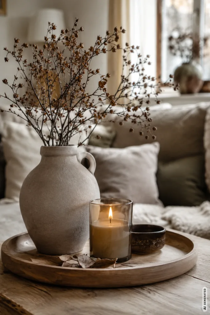 Herbstdeko Trends für die Wohnung 2026 mit Vase, Kerze und Schale als harmonische Dekogruppe.