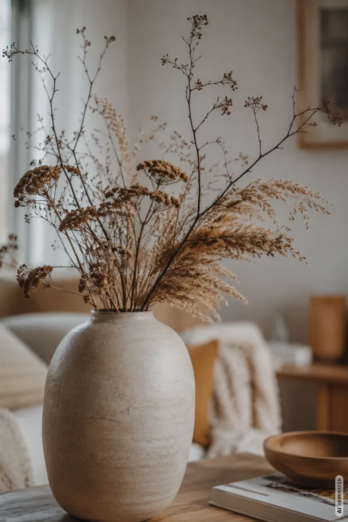 Herbstdeko Trends für die Wohnung 2026 mit Vase, Zweigen und natürlichen Materialien.
