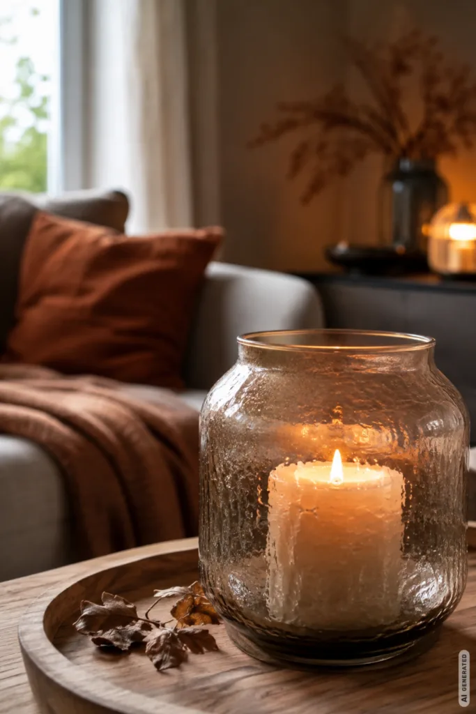 Herbstdeko Trends für die Wohnung 2026 mit warmem Kerzenlicht und gemütlicher Beleuchtung.