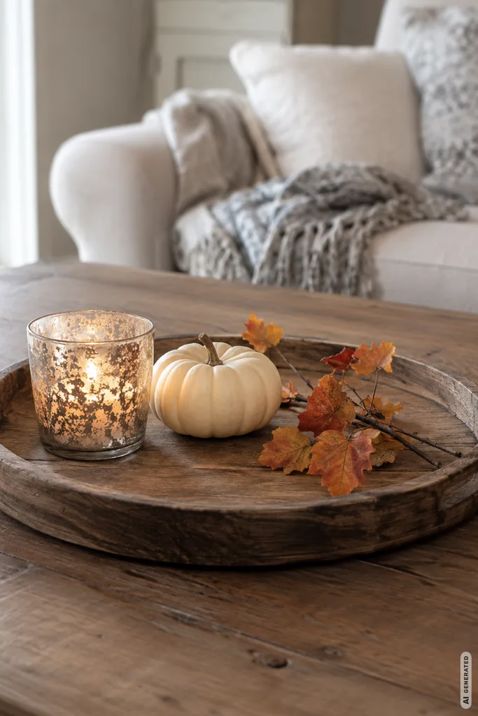 Herbstdeko für den Couchtisch selber machen mit Holztablett, Kürbis, Kerze und herbstlichen Zweigen.