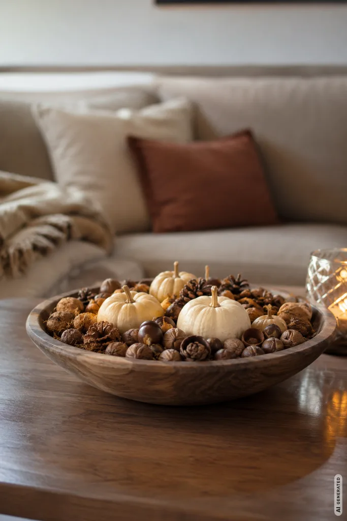 Herbstdeko für den Couchtisch selber machen mit Holzschale, Kürbissen, Zapfen und Nüssen.