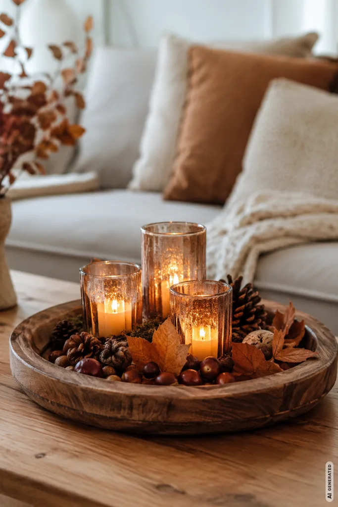 Herbstdeko für den Couchtisch selber machen mit Kerzen, Holztablett, Zapfen und herbstlichen Naturmaterialien.