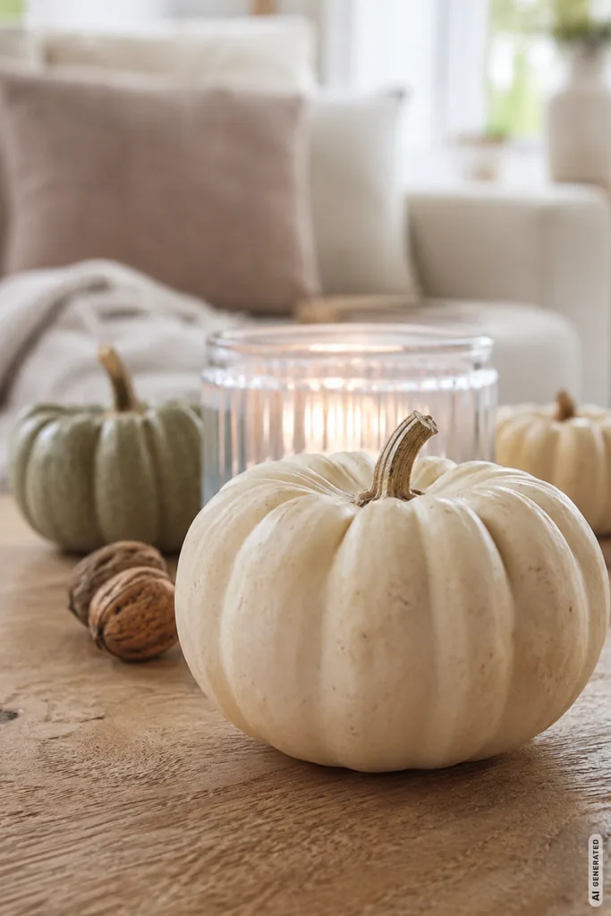 Herbstdeko für den Couchtisch selber machen mit Kürbissen, Windlicht und Nüssen auf einem Holztisch.
