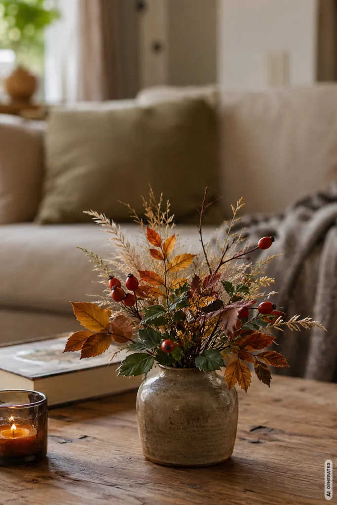 Herbstdeko für den Couchtisch selber machen mit kleinem Herbstgesteck aus Zweigen, Gräsern und Hagebutten.