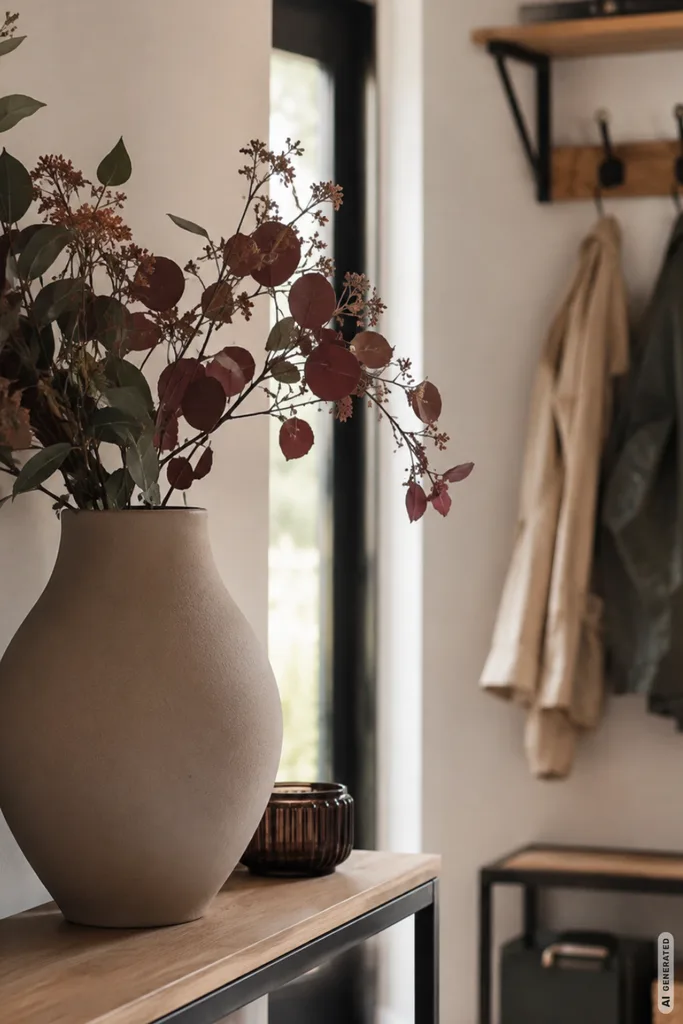 Moderne Herbstdeko für die Garderobe mit Vase, Herbstzweigen und ruhigen Naturtönen.