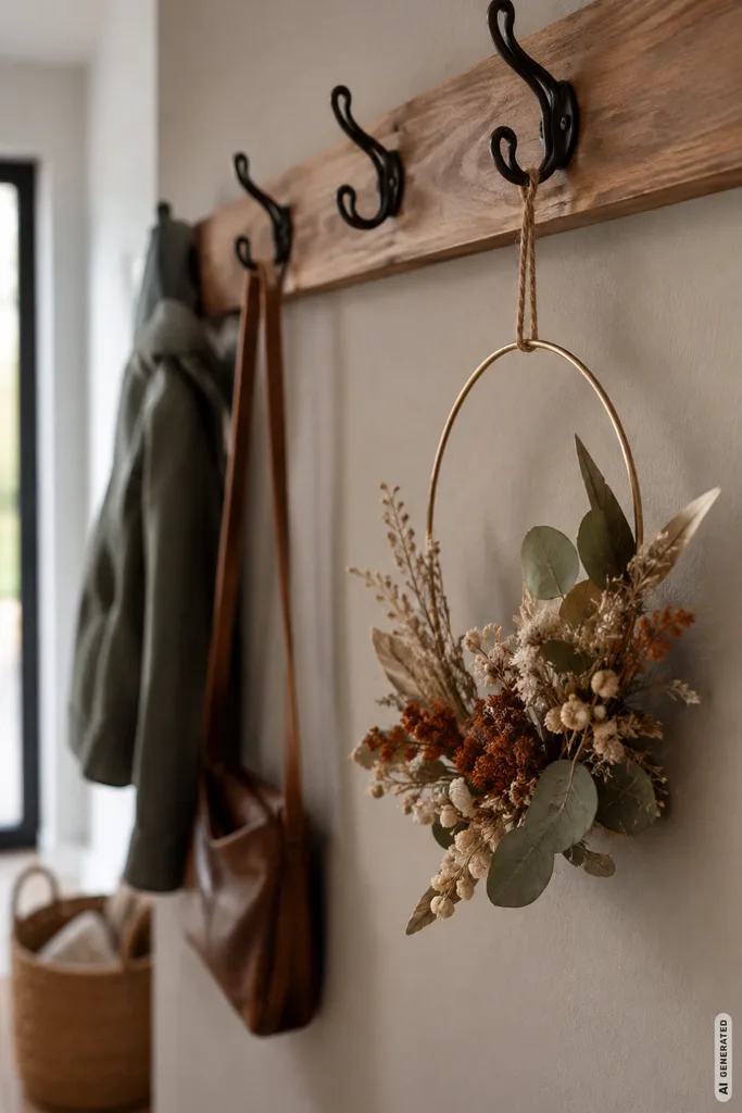 Moderne Herbstdeko für die Garderobe mit Holzleiste, freien Haken und Trockenblumenring in warmen Herbsttönen.