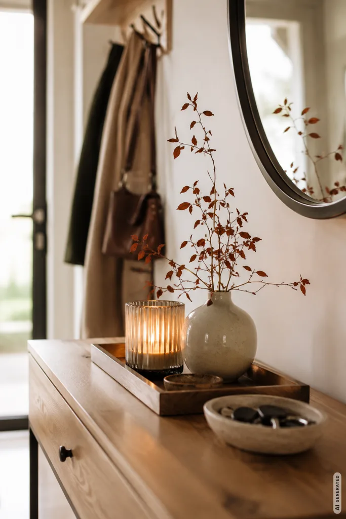 Moderne Herbstdeko für die Garderobe mit Holzkonsole, Vase, Kerzenlicht und herbstlichen Zweigen.