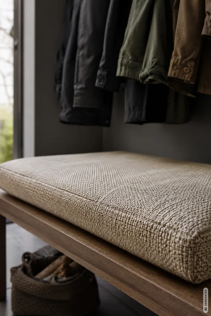 Moderne Herbstdeko für die Garderobe mit Sitzbank, hellem Kissen und ruhigen Naturtönen im Eingangsbereich.