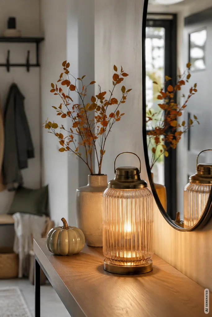 Moderne Herbstdeko für die Garderobe mit Spiegel, warmem Licht, Vase und dezenten Herbstzweigen.
