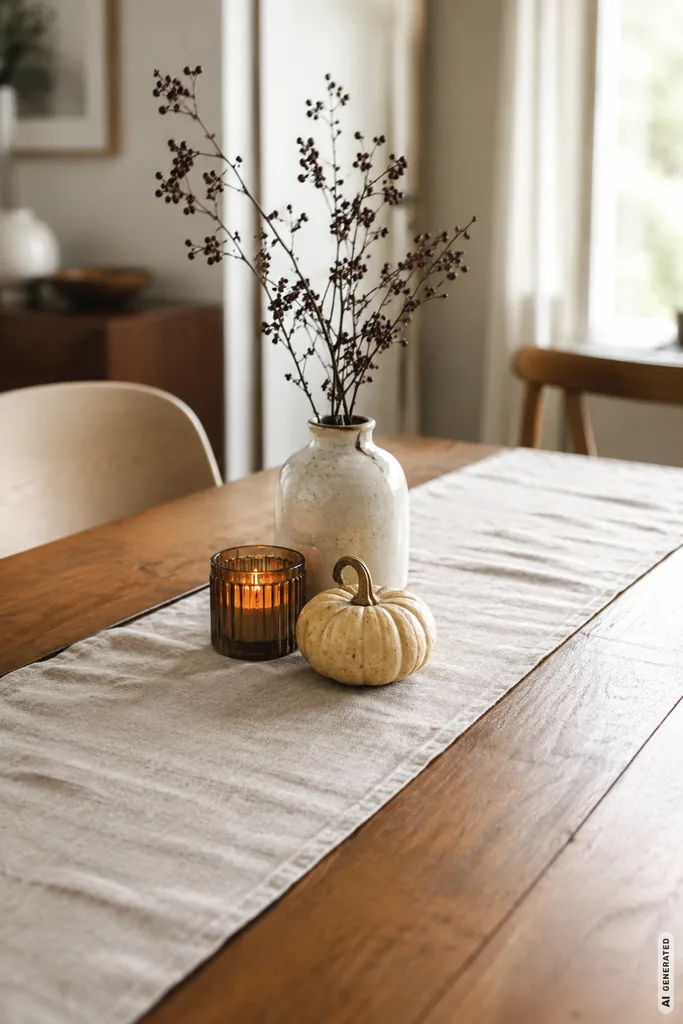 Moderne Herbstdeko für den Esstisch mit Tischläufer, Vase, Kerze und kleinem Kürbis.