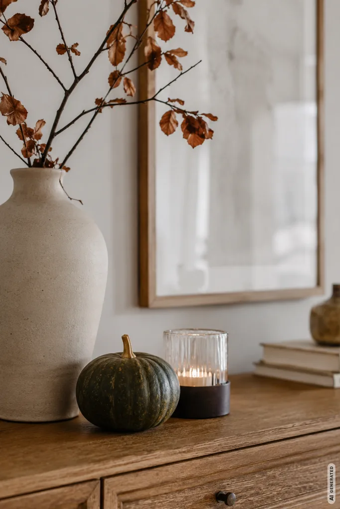 Moderne Herbstdeko auf der Kommode: 5 Ideen mit wenig Aufwand und viel Wirkung Moderne Herbstdeko für die Kommode mit Keramikvase, grünem Kürbis und warmem Kerzenlicht.