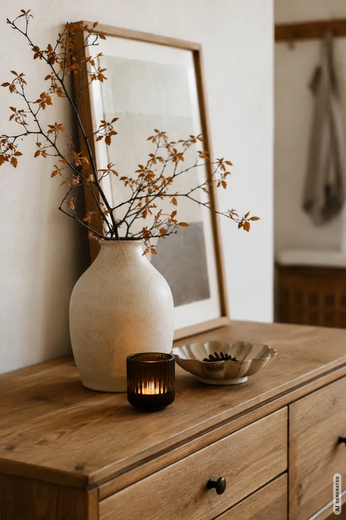 Moderne Herbstdeko auf der Kommode: 5 Ideen mit wenig Aufwand und viel Wirkung Moderne Herbstdeko für die Kommode mit Holzrahmen, Keramikvase, Herbstzweigen und warmem Kerzenlicht.