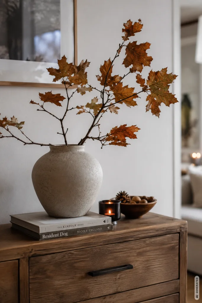 Moderne Herbstdeko auf der Kommode: 5 Ideen mit wenig Aufwand und viel Wirkung Moderne Herbstdeko für die Kommode mit Vase, Herbstzweigen, Kerze und natürlichen Materialien.