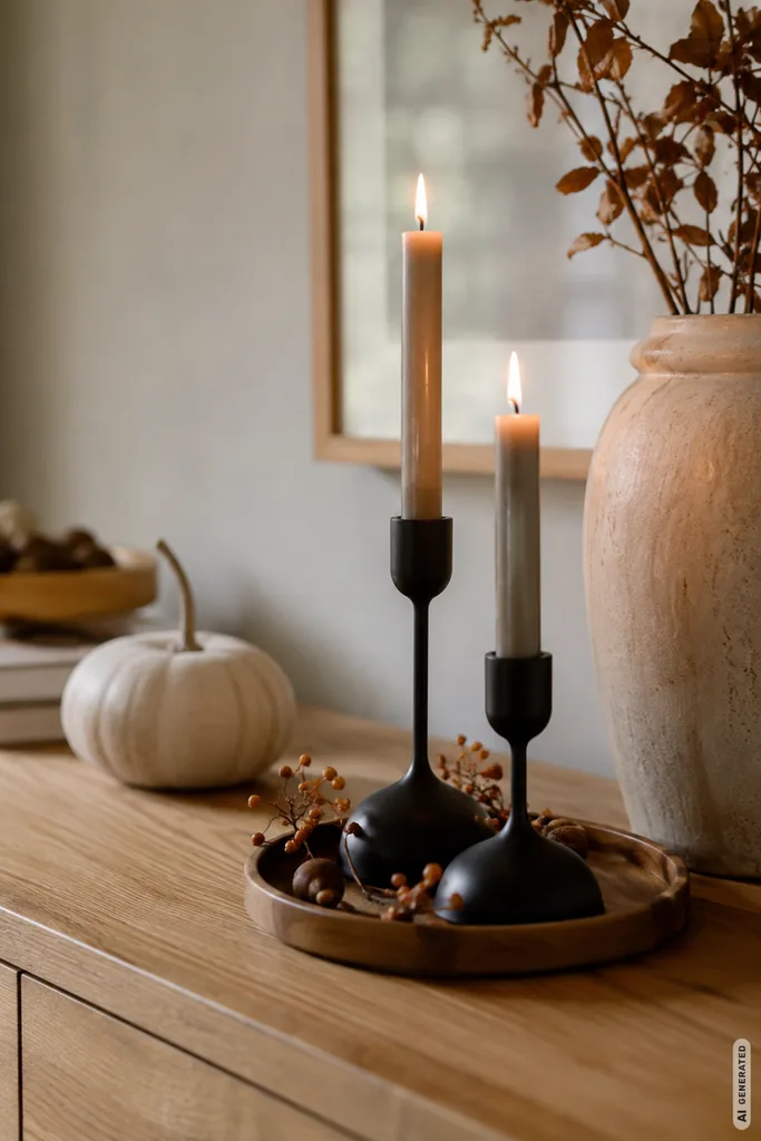 Moderne Herbstdeko auf der Kommode: 5 Ideen mit wenig Aufwand und viel Wirkung Moderne Herbstdeko für die Kommode mit Kerzen, Kürbis, Naturmaterialien und warmer Beleuchtung.