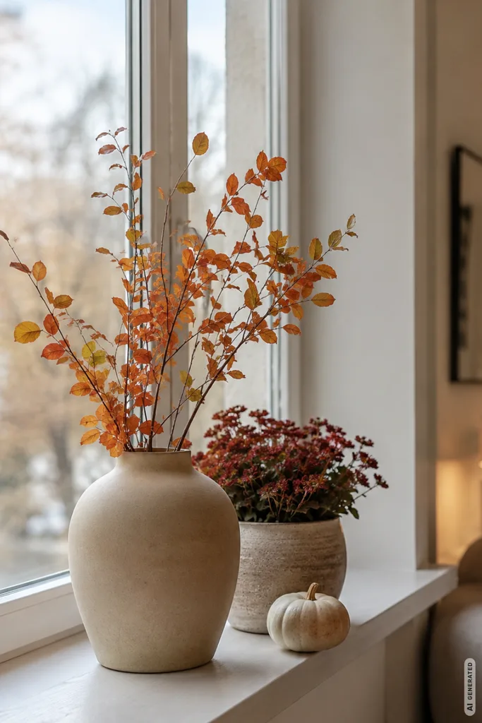 Moderne Herbstdeko für die Fensterbank mit Keramikvase, Herbstzweigen, Pflanze und kleinem Kürbis.