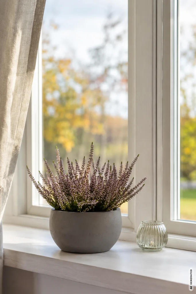 Moderne Herbstdeko für die Fensterbank mit Heide, Glaslicht und heller Fensterbank im weichen Tageslicht.
