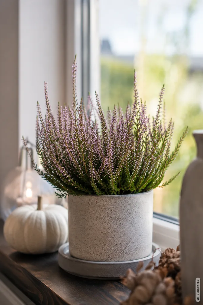 Moderne Herbstdeko für die Fensterbank mit Heide, Keramiktopf und kleinem Kürbis im warmen Tageslicht.