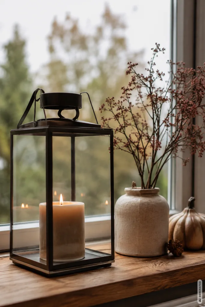 Moderne Herbstdeko für die Fensterbank mit Laterne, Kerze, Vase und dezenten herbstlichen Naturtönen.