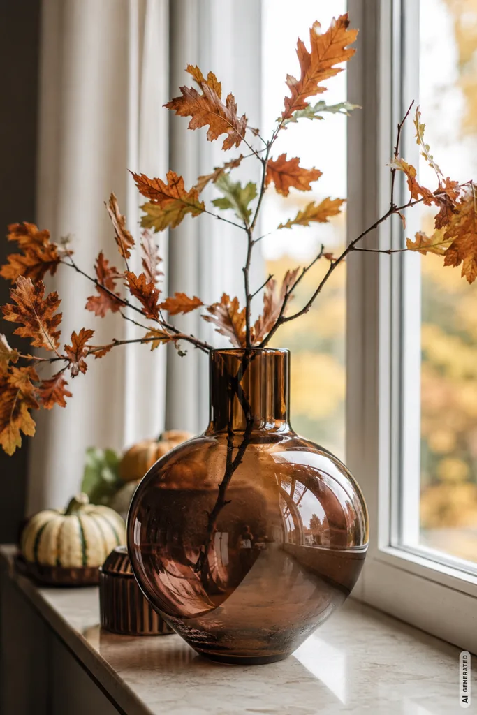 Moderne Herbstdeko für die Fensterbank mit brauner Glasvase, Herbstzweigen und kleinen Kürbissen.