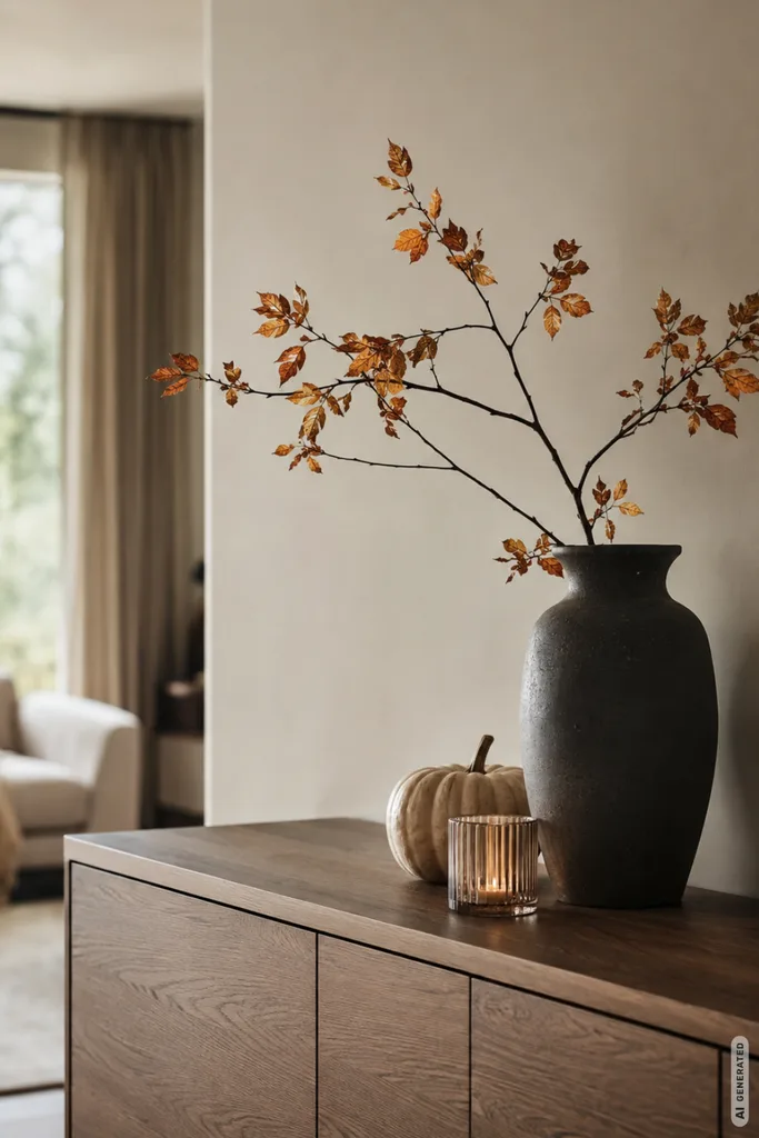 Moderne Herbstdeko fürs Sideboard mit Vase, Herbstzweigen, Kürbis und Windlicht in asymmetrischer Gruppe.