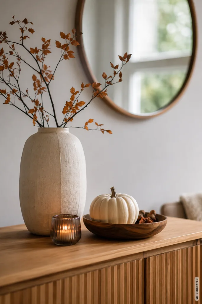 Moderne Herbstdeko fürs Sideboard mit Vase, Herbstzweigen, Kerze und Spiegel an der Wand.