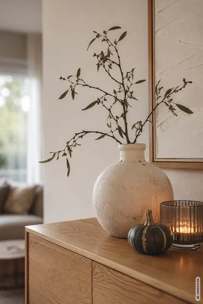Moderne Herbstdeko fürs Sideboard mit Keramikvase, Zweigen, grünem Kürbis und warmem Windlicht.