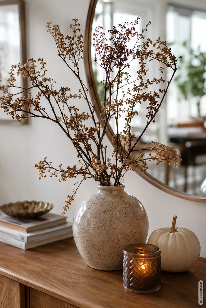 Moderne Herbstdeko fürs Sideboard mit Keramikvase, Trockenästen, Kürbis und Windlicht in warmen Naturtönen.