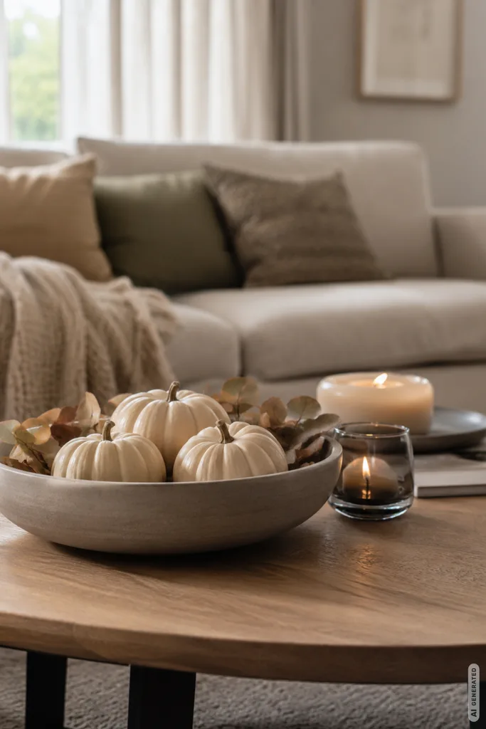 5 moderne Herbstdeko-Ideen für den Couchtisch, die auch im Alltag funktionieren Moderne Herbstdeko für den Couchtisch mit niedriger Schale, Kürbissen und Kerzen in ruhigem Wohnzimmer.