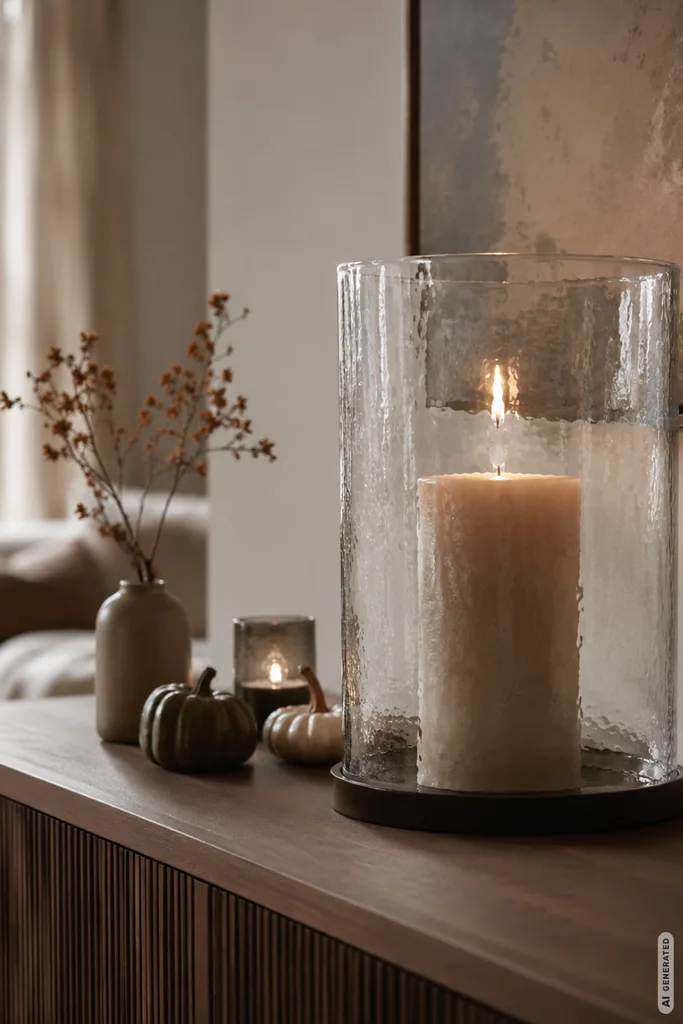 Moderne Herbstdeko fürs Sideboard mit großem Windlicht, Kerze, Kürbissen und getrockneten Zweigen.