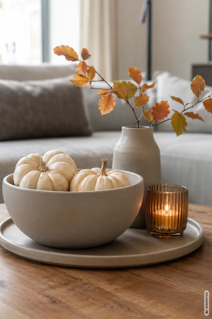 5 moderne Herbstdeko-Ideen für den Couchtisch, die auch im Alltag funktionieren Moderne Herbstdeko für den Couchtisch mit Keramikschale, Kürbissen, Vase und Windlicht.