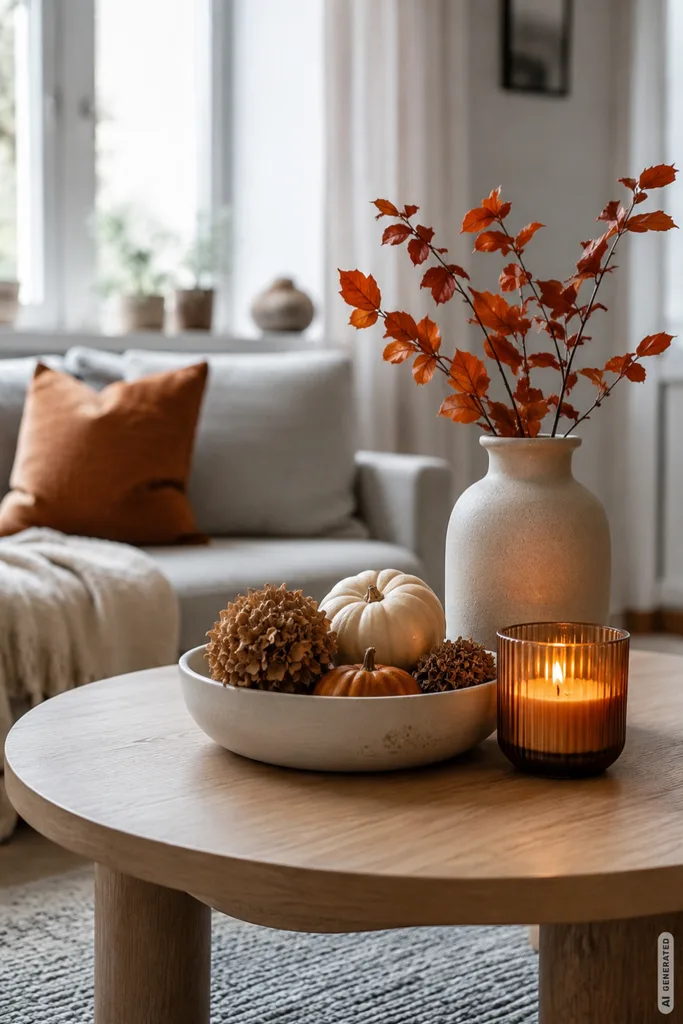 5 moderne Herbstdeko-Ideen für den Couchtisch, die auch im Alltag funktionieren Moderne Herbstdeko für den Couchtisch mit ruhigen Herbstfarben, Vase, Kürbissen und Kerze im Wohnzimmer.