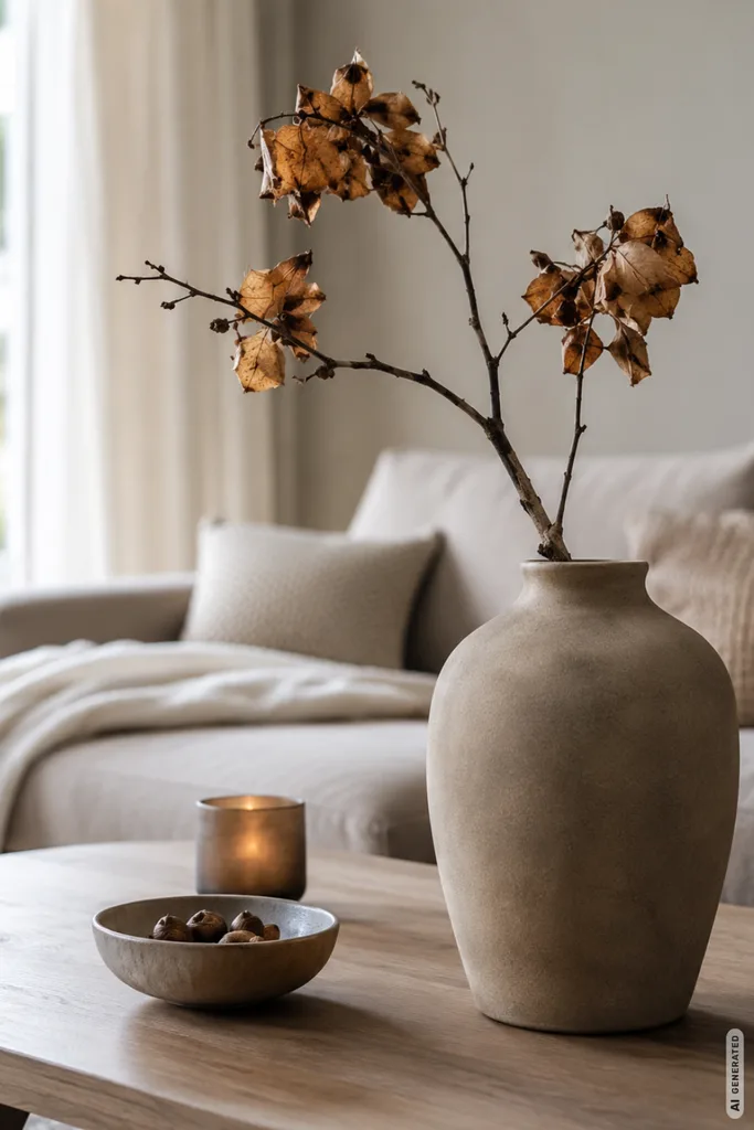 5 moderne Herbstdeko-Ideen für den Couchtisch, die auch im Alltag funktionieren Moderne Herbstdeko für den Couchtisch mit großer Keramikvase, Trockenästen, Schale und Windlicht im Wohnzimmer.