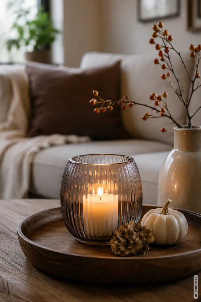 5 moderne Herbstdeko-Ideen für den Couchtisch, die auch im Alltag funktionieren Moderne Herbstdeko für den Couchtisch mit Kerze, Kürbis, Holztablett und Vase im warmen Wohnzimmer.