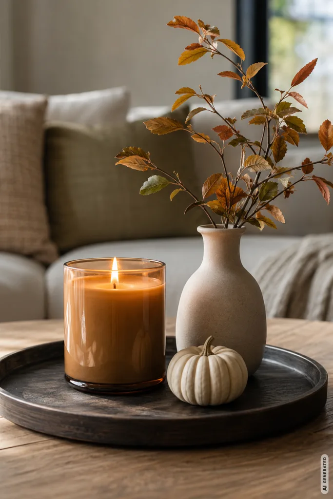 Moderne Herbstdeko fürs Wohnzimmer mit Kerze, Vase, Herbstzweigen und kleinem Kürbis auf dem Couchtisch.