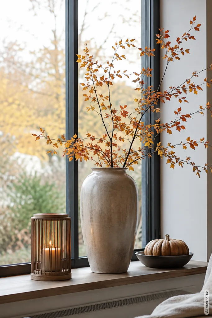 Moderne Herbstdeko für große Fenster mit Vase, Herbstzweigen, Kerzenlicht und Kürbis auf der Fensterbank.