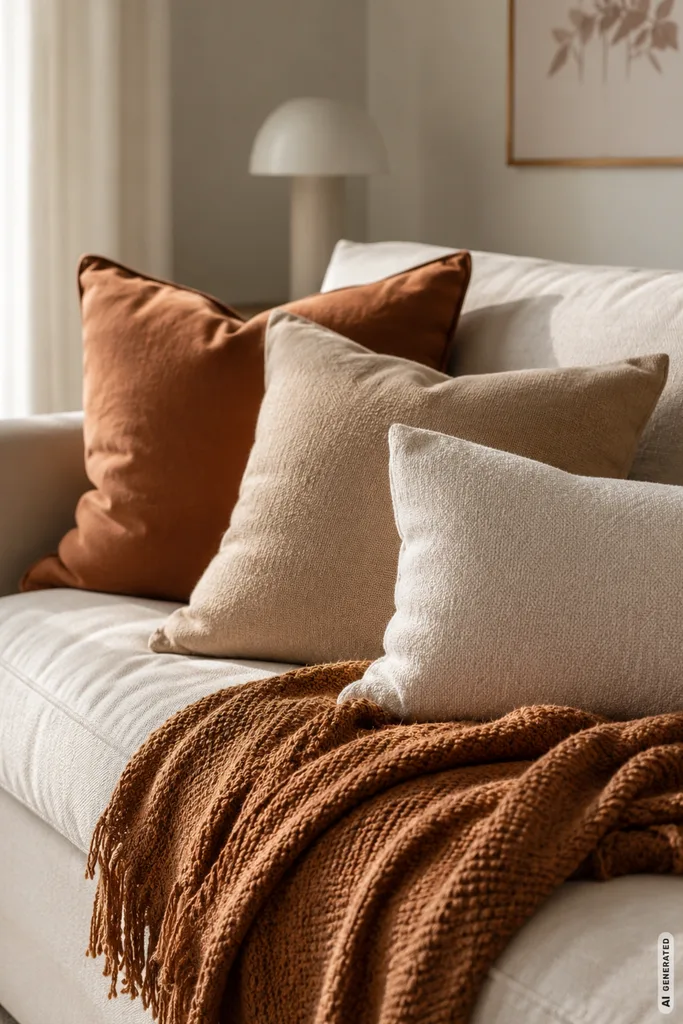 Moderne Herbstdeko fürs Wohnzimmer mit Kissen, Strickdecke und warmen Naturtönen auf hellem Sofa.