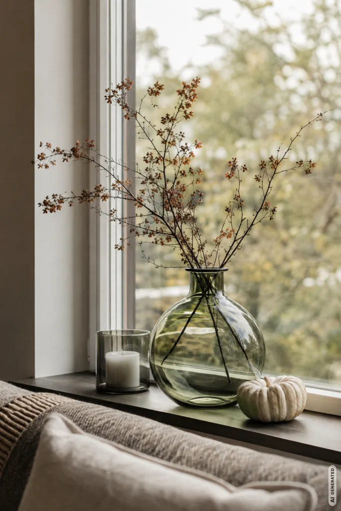 Moderne Herbstdeko für große Fenster mit Glasvase, Zweigen, Kerze und kleinem Kürbis.