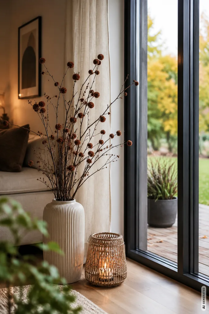 Moderne Herbstdeko für große Fenster mit Bodenvase, Zweigen und Windlicht neben bodentiefer Terrassentür.