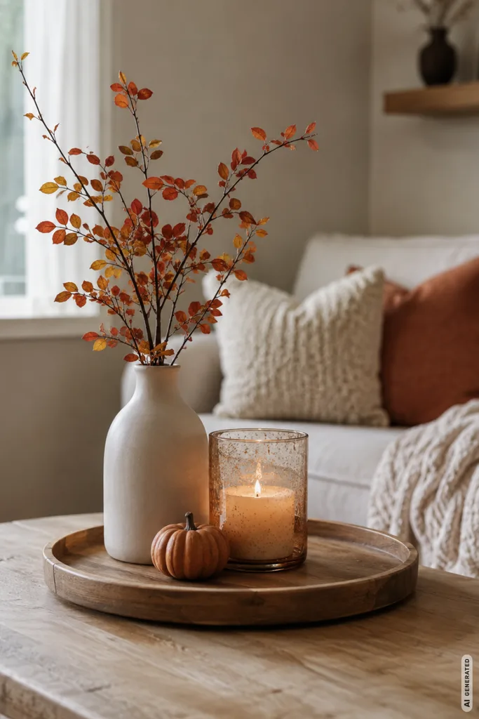 Moderne Herbstdeko für kleine Wohnzimmer mit Vase, Kerze und Kürbis auf einem Tablett.