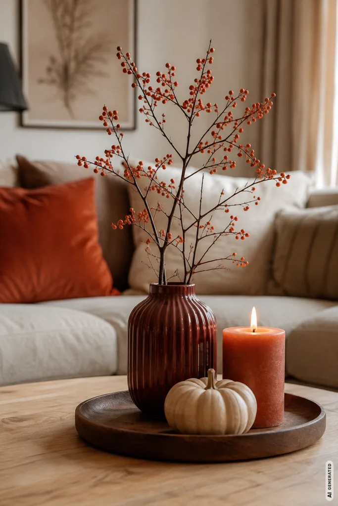 Moderne Herbstdeko für kleine Wohnzimmer mit Vase, Kerze und Kürbis in warmen Herbstfarben.