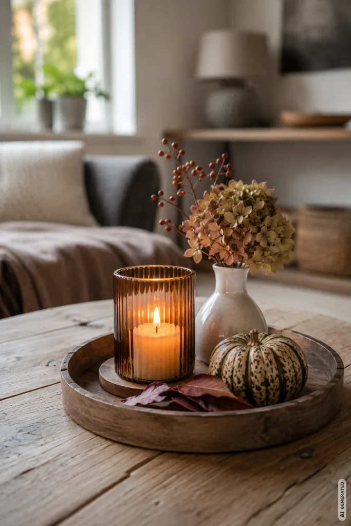 Moderne Herbstdeko für kleine Wohnzimmer mit Kerze, Vase und Kürbis auf einem Couchtisch.
